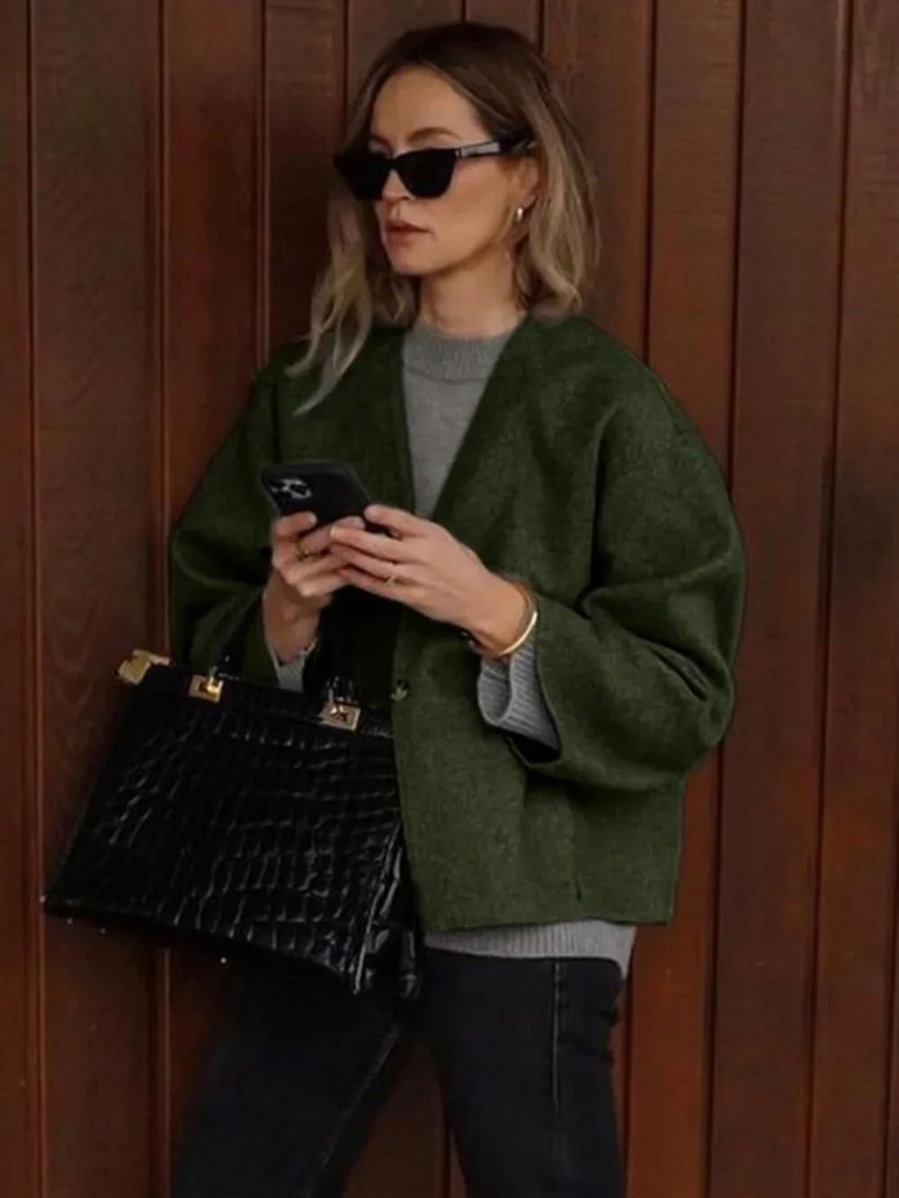 Women's Olive Wool Blend Cropped Collarless Long Sleeve Short Fall Pea Overcoat